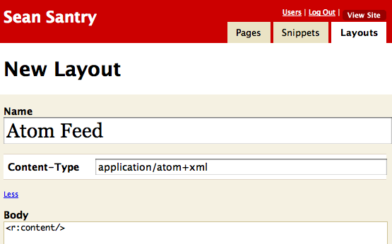 Screen capture of creating a new Layout in Radiant and setting the Content-Type field.